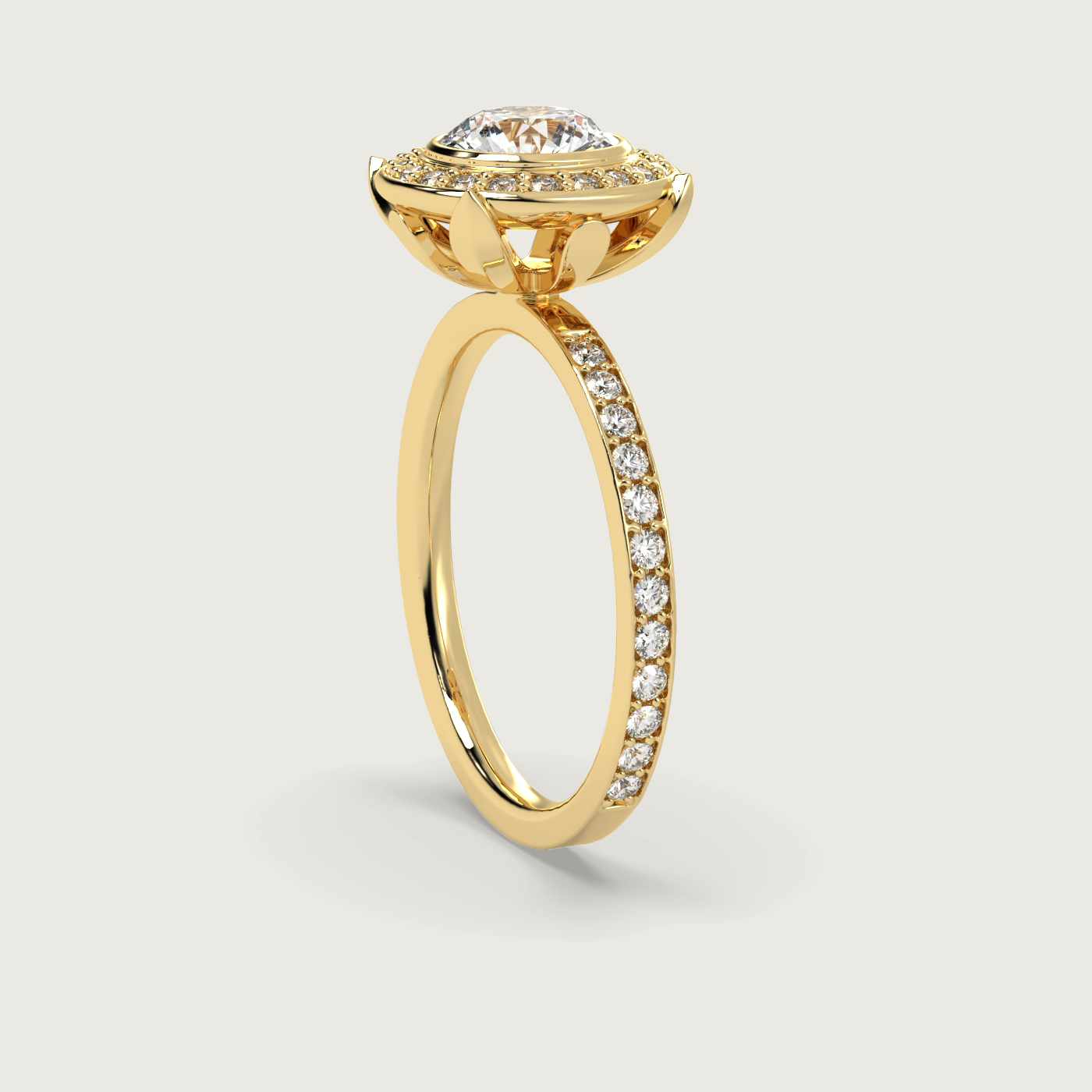 Round Halo Engagement Ring with Pavé Set Band in Fleur de Luce Setting