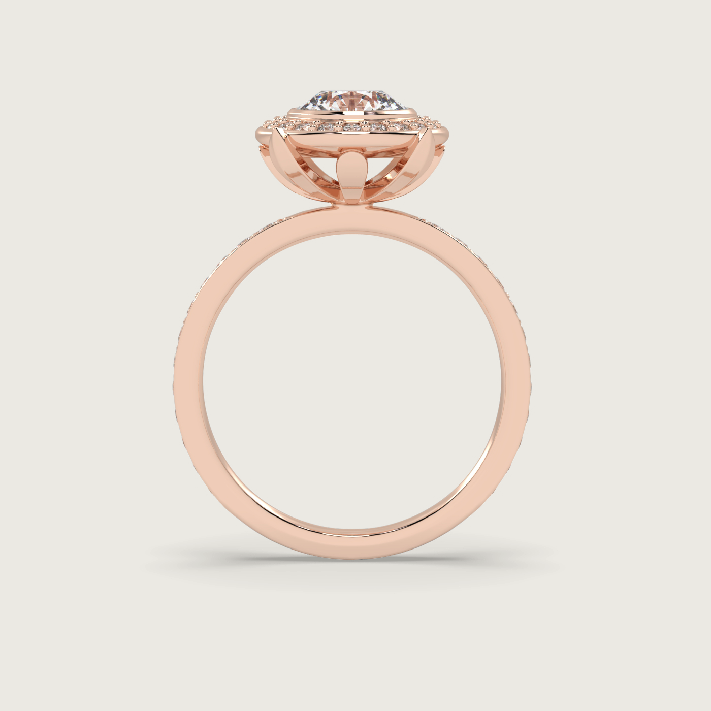 Round Halo Engagement Ring with Pavé Set Band in Fleur de Luce Setting