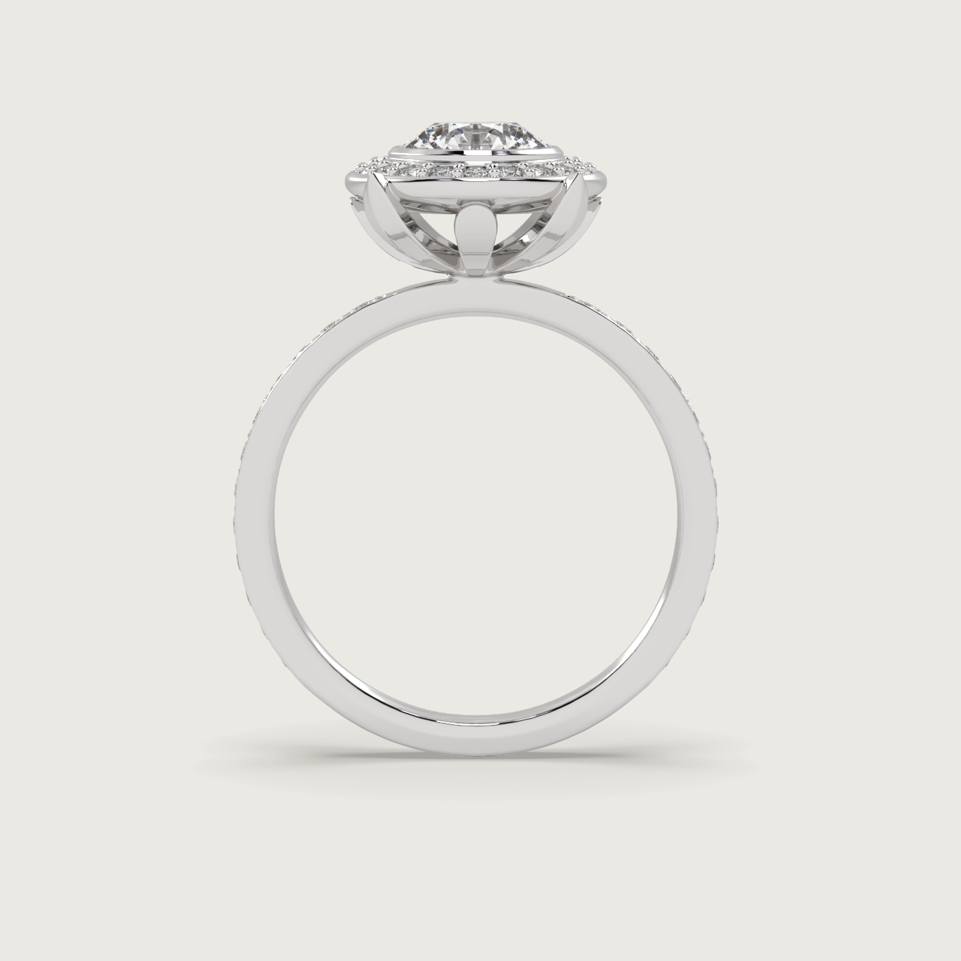 Round Halo Engagement Ring with Pavé Set Band in Fleur de Luce Setting