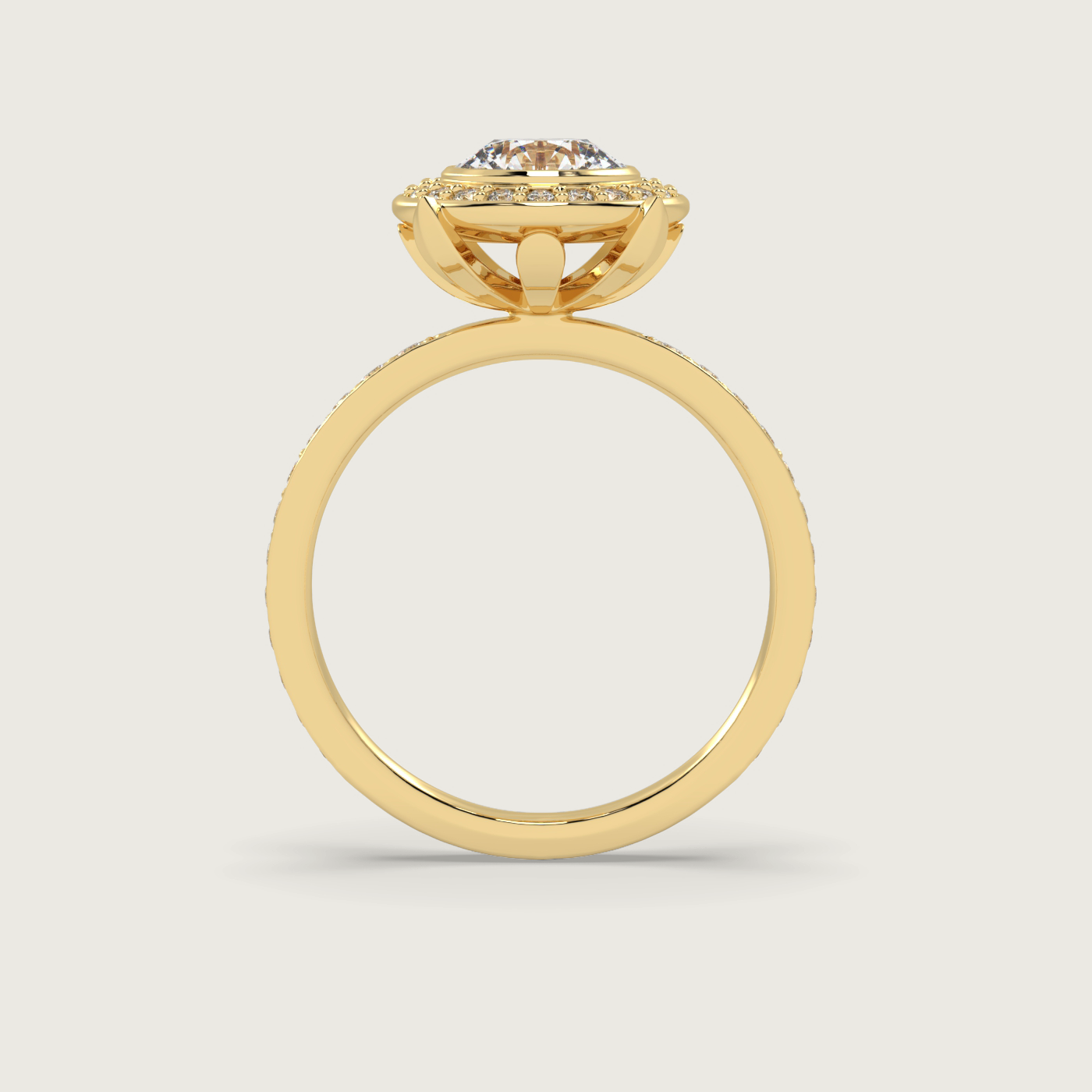 Round Halo Engagement Ring with Pavé Set Band in Fleur de Luce Setting