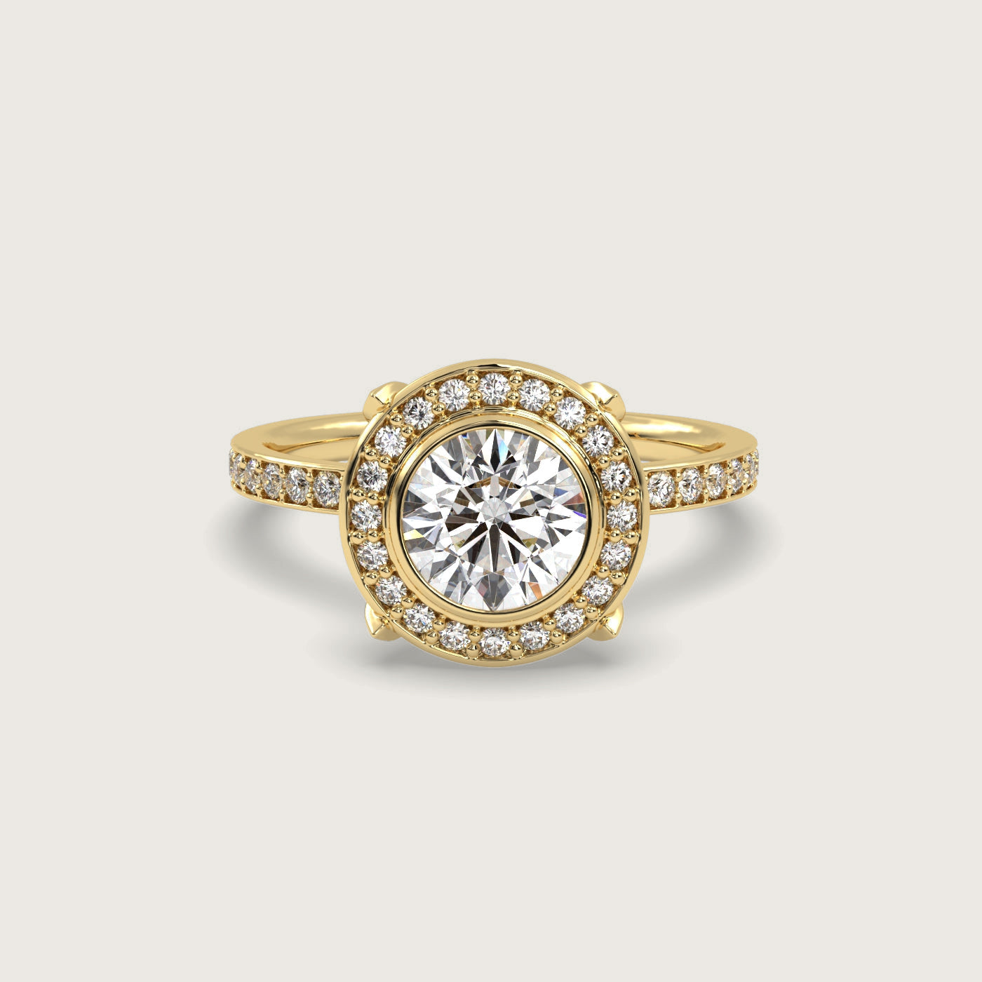 Round Halo Engagement Ring with Pavé Set Band in Fleur de Luce Setting
