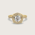 Round Halo Engagement Ring with Pavé Set Band in Fleur de Luce Setting