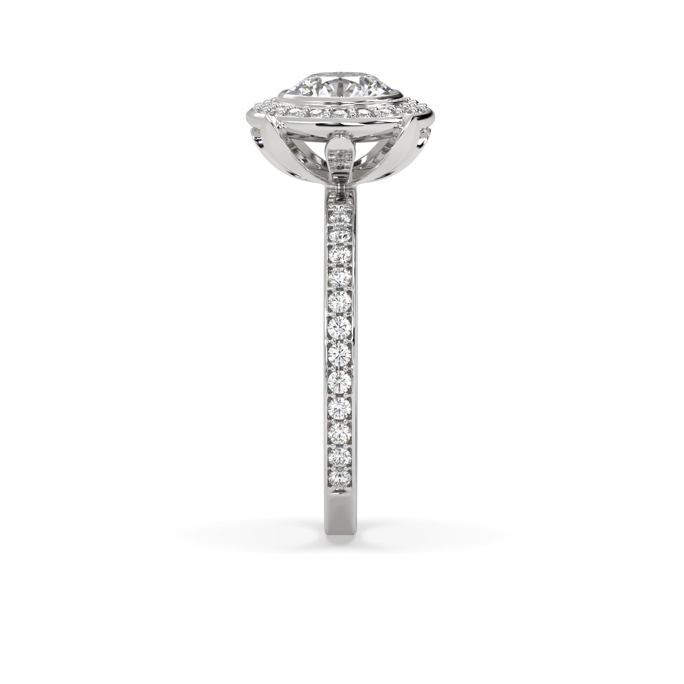 Fleur de Luce Round Halo Engagement Ring with Pavé Set Band