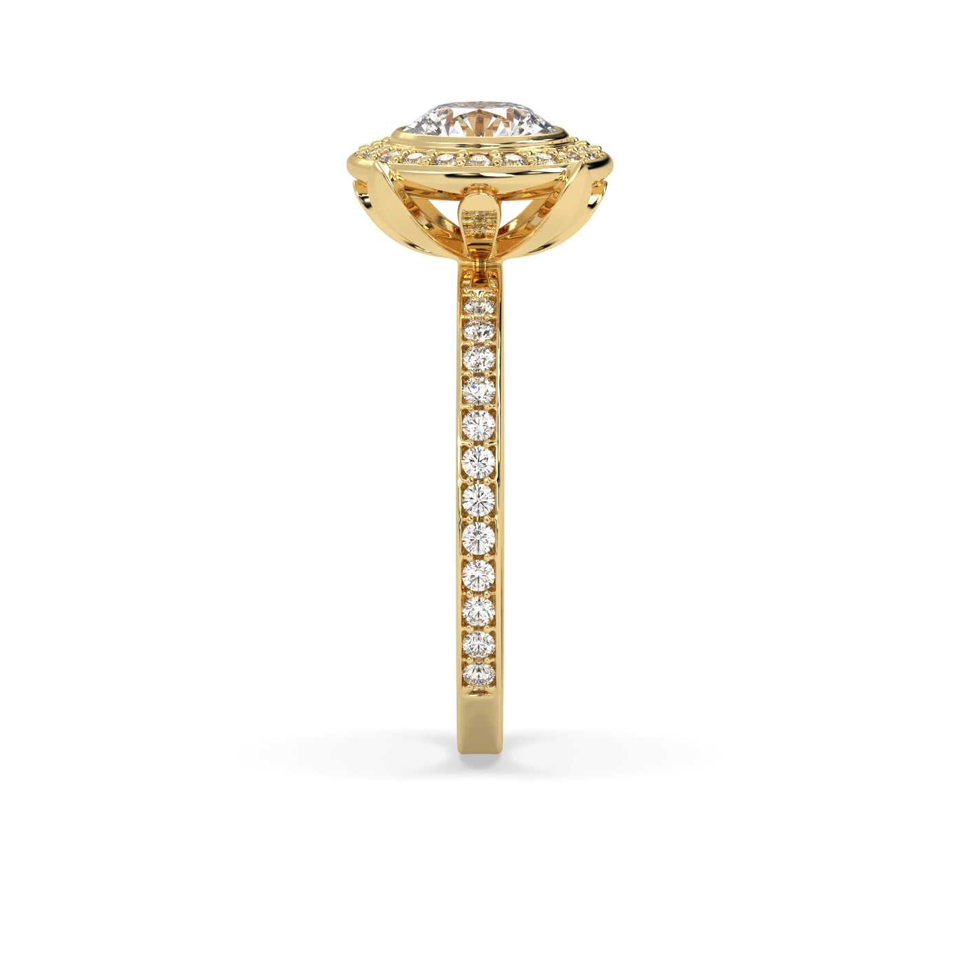 Fleur de Luce Round Halo Engagement Ring with Pavé Set Band
