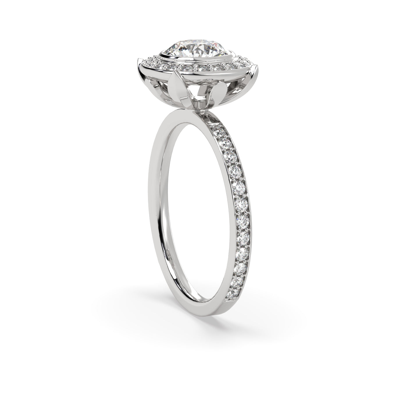 Fleur de Luce Round Halo Engagement Ring with Pavé Set Band