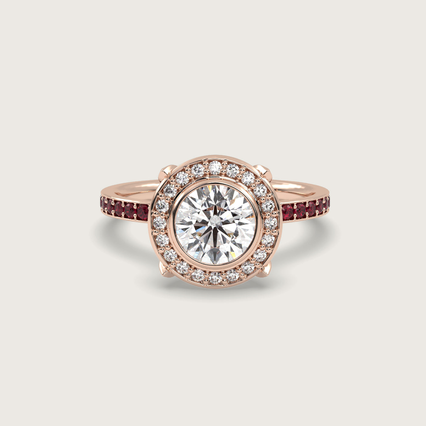 Round Halo Engagement Ring with Ruby Set Band in Fleur de Luce Setting