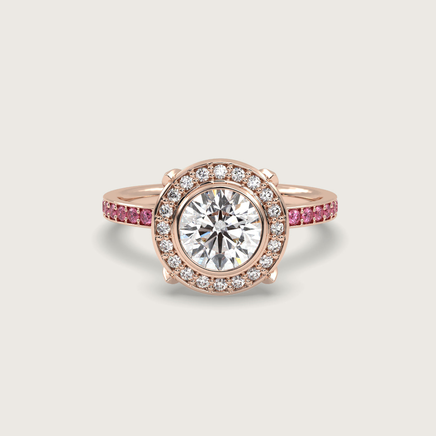 Round Halo Engagement Ring with Pink Sapphire Set Band in Fleur de Luce Setting