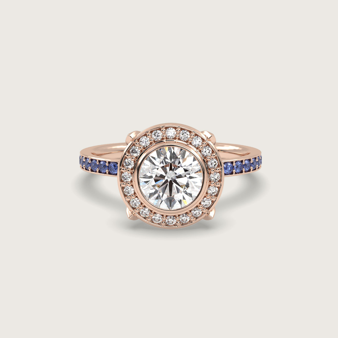 Round Halo Engagement Ring with Cornflower Blue Sapphire Set Band in Fleur de Luce Setting
