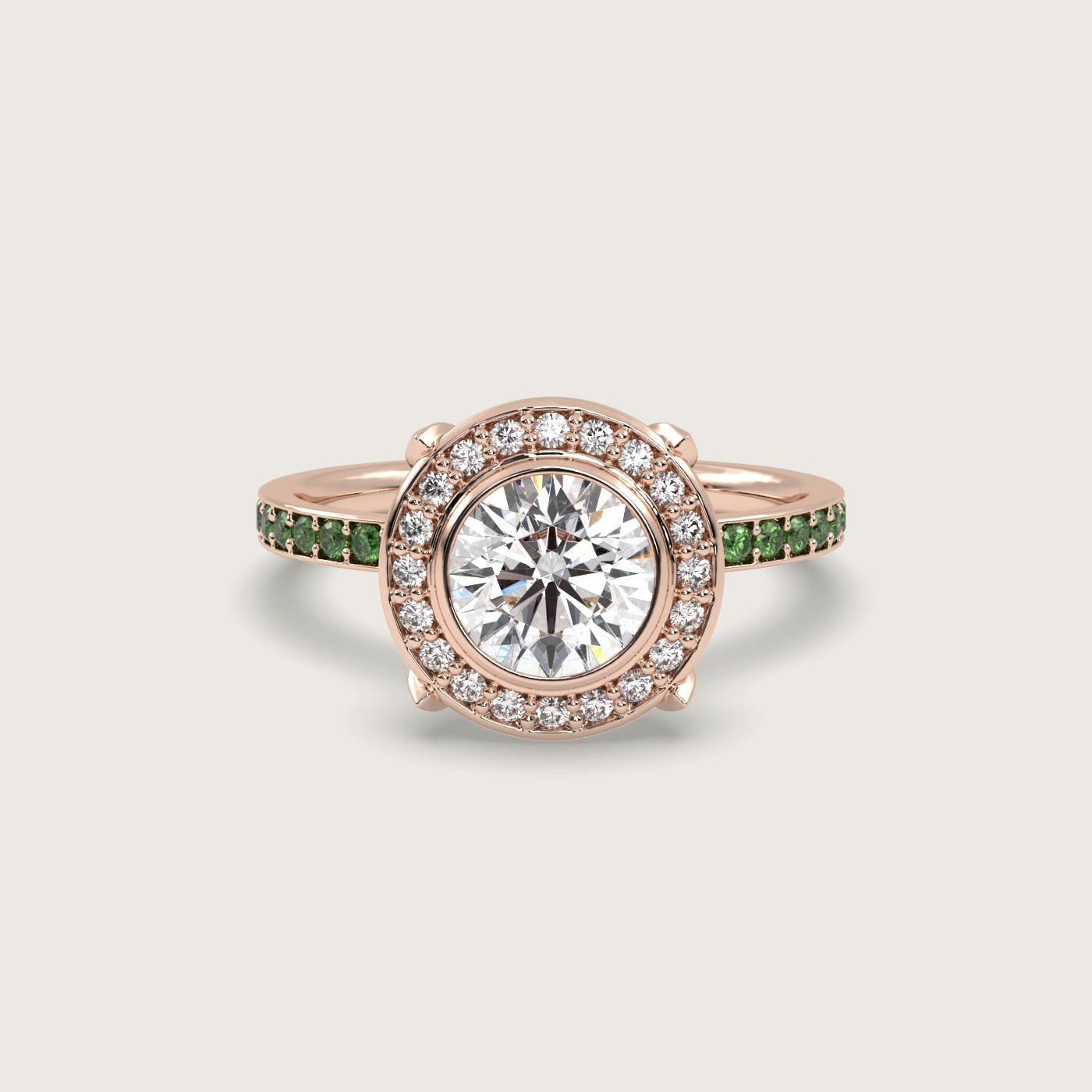 Round Halo Engagement Ring with Tsavorite Set Band in Fleur de Luce Setting