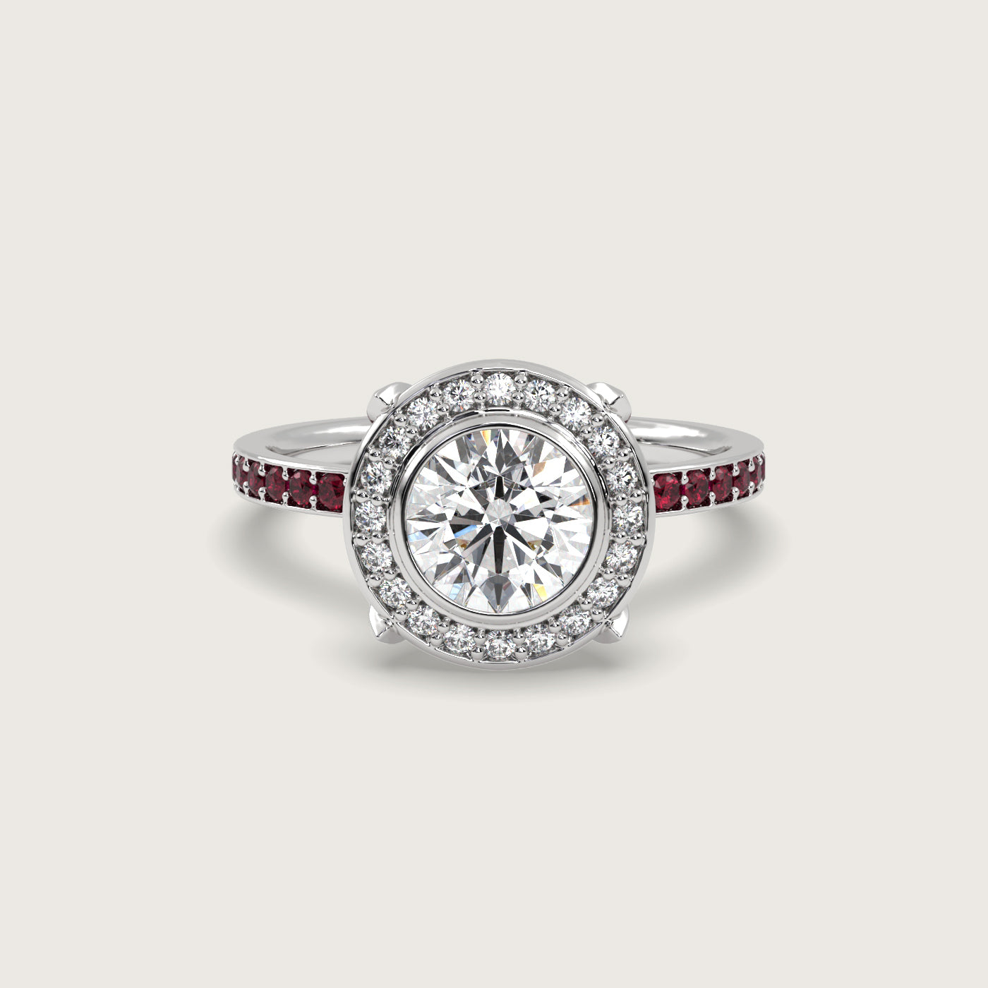 Round Halo Engagement Ring with Ruby Set Band in Fleur de Luce Setting