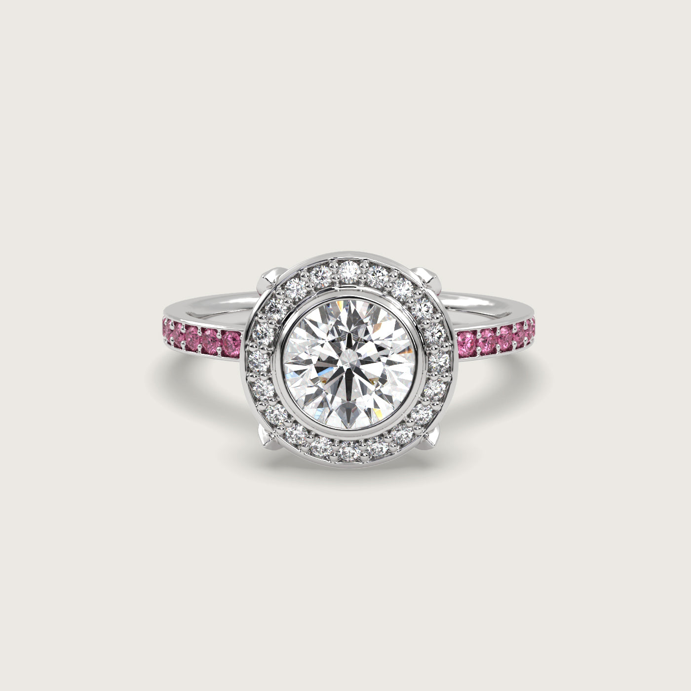 Round Halo Engagement Ring with Pink Sapphire Set Band in Fleur de Luce Setting