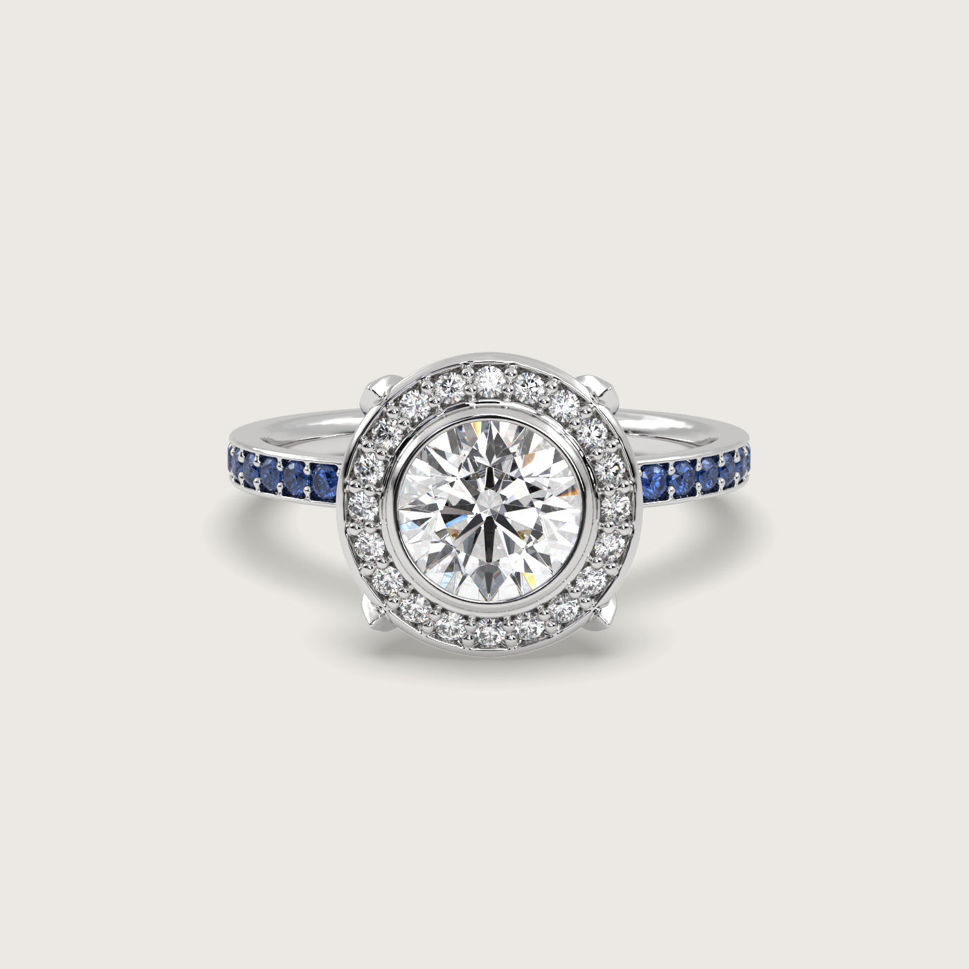 Round Halo Engagement Ring with Sapphire Set Band in Fleur de Luce Setting