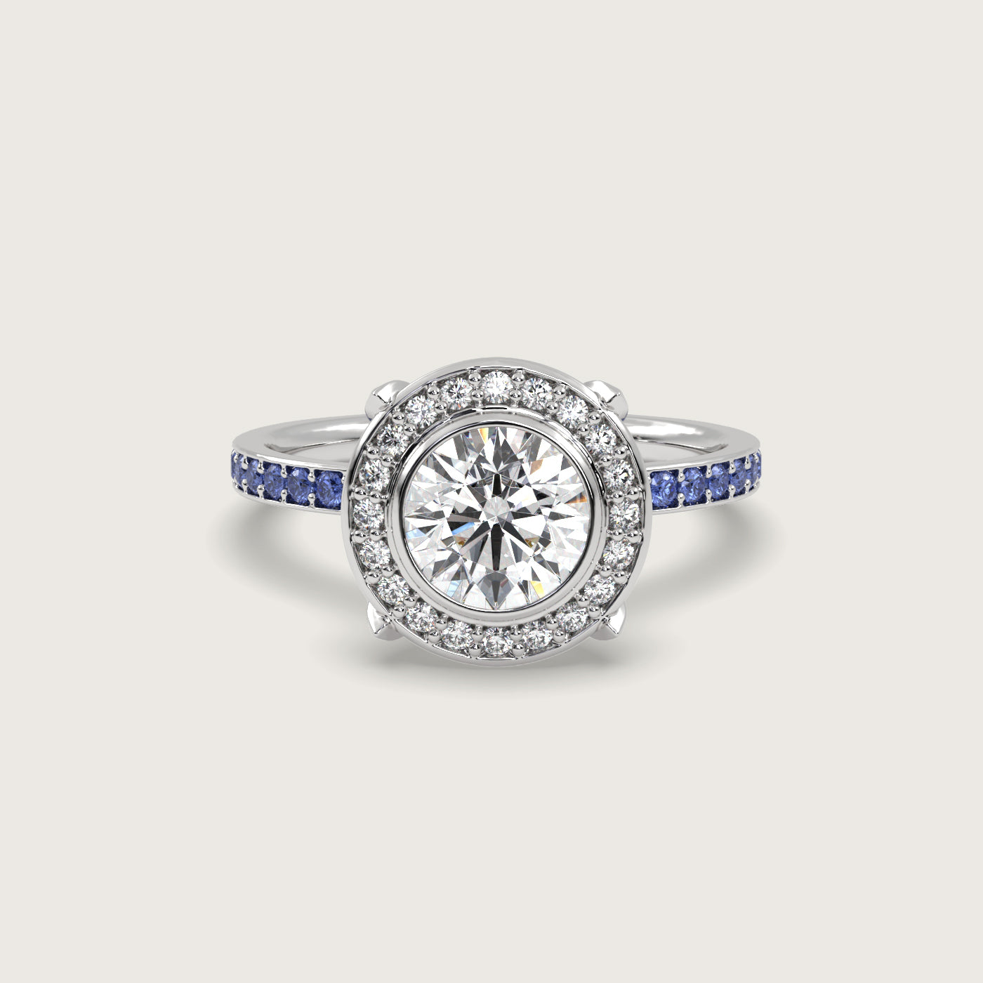 Round Halo Engagement Ring with Cornflower Blue Sapphire Set Band in Fleur de Luce Setting