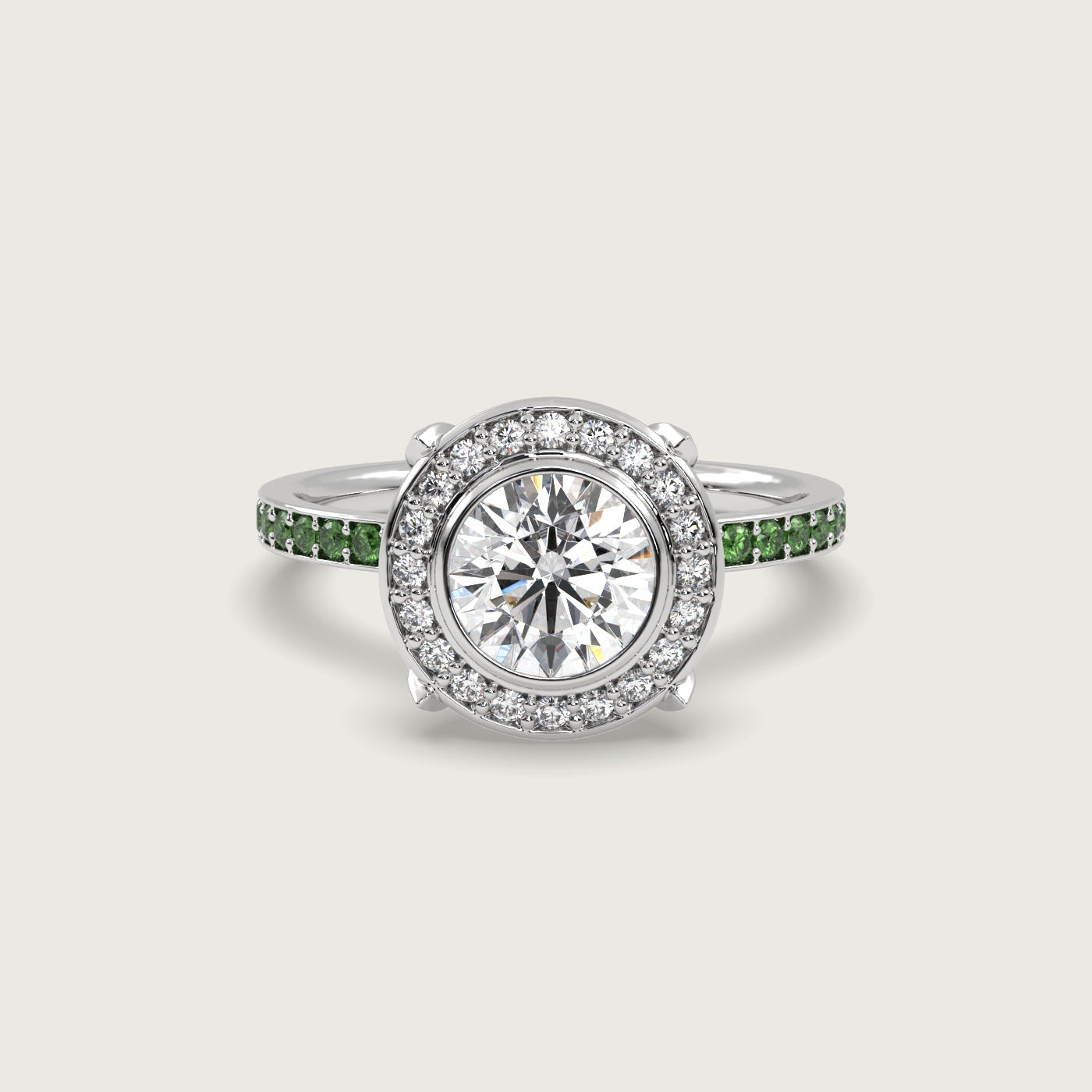 Round Halo Engagement Ring with Tsavorite Set Band in Fleur de Luce Setting