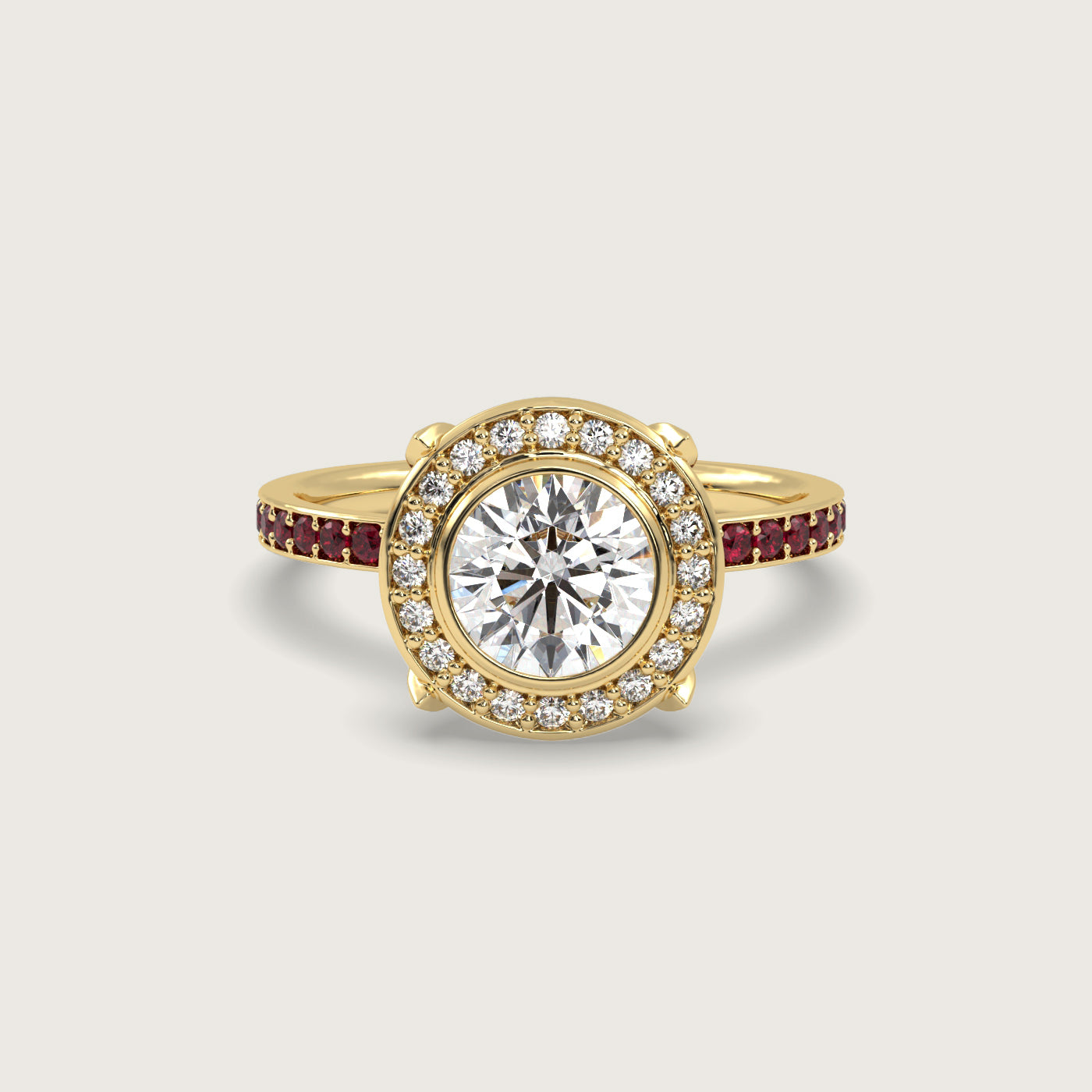 Round Halo Engagement Ring with Ruby Set Band in Fleur de Luce Setting