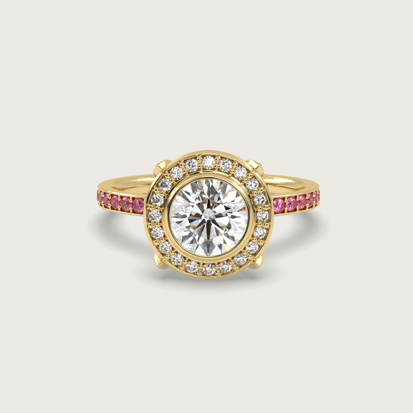 Round Halo Engagement Ring with Pink Sapphire Set Band in Fleur de Luce Setting