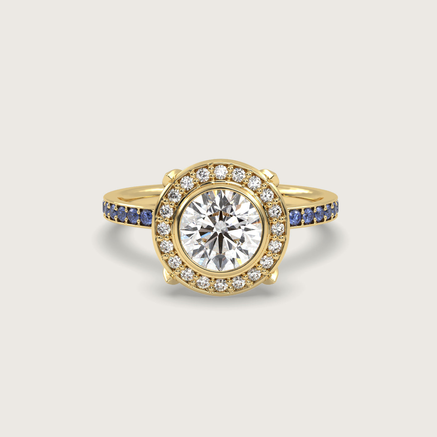 Round Halo Engagement Ring with Cornflower Blue Sapphire Set Band in Fleur de Luce Setting