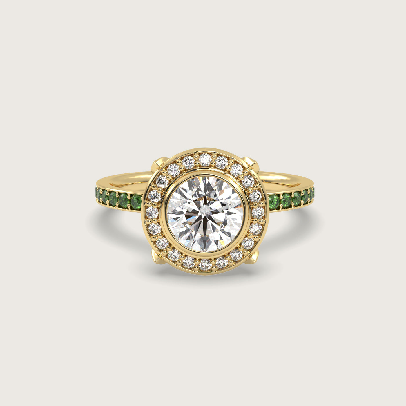 Round Halo Engagement Ring with Tsavorite Set Band in Fleur de Luce Setting