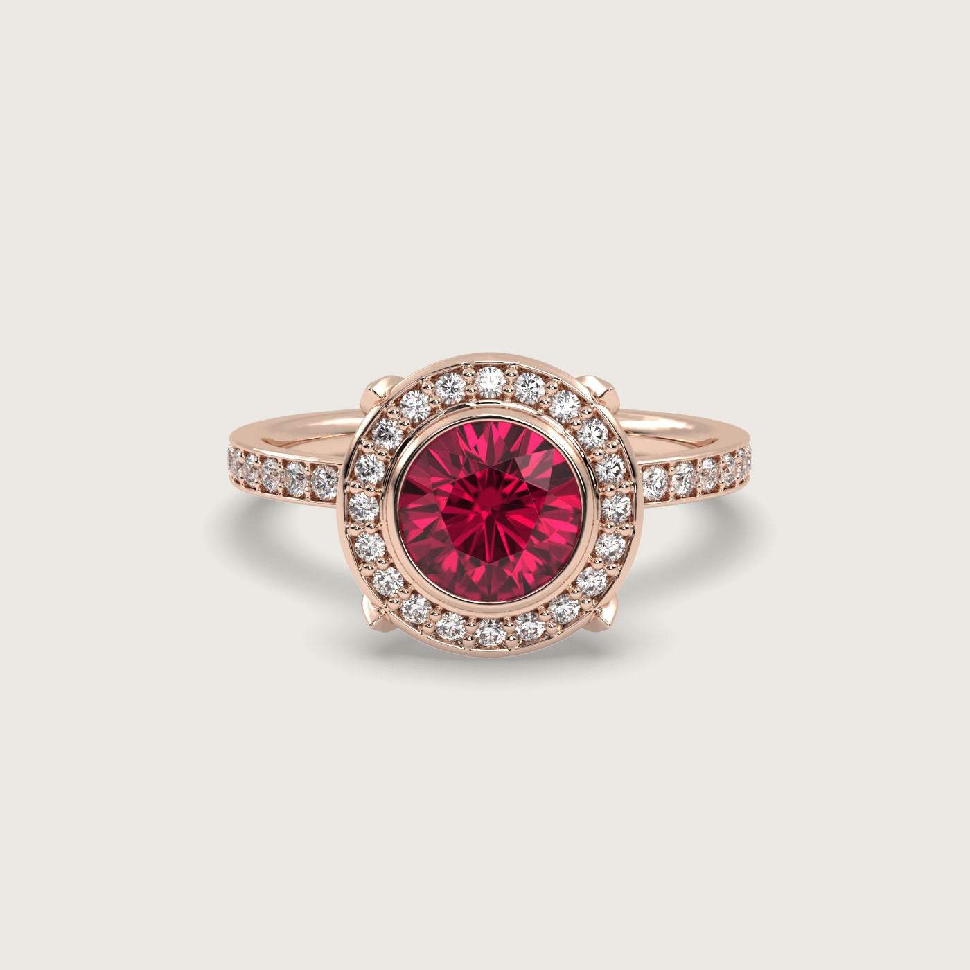 Ruby Halo Engagement Ring with Pavé Set Band in Fleur de Luce Setting