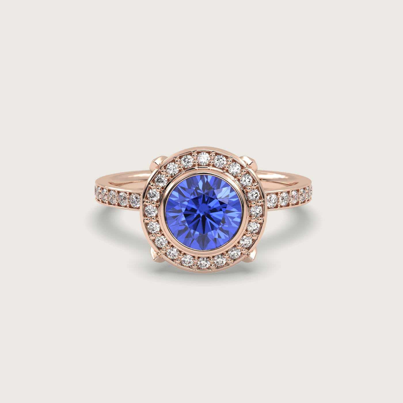 Sapphire Halo Engagement Ring with Pavé Set Band in Fleur de Luce Setting