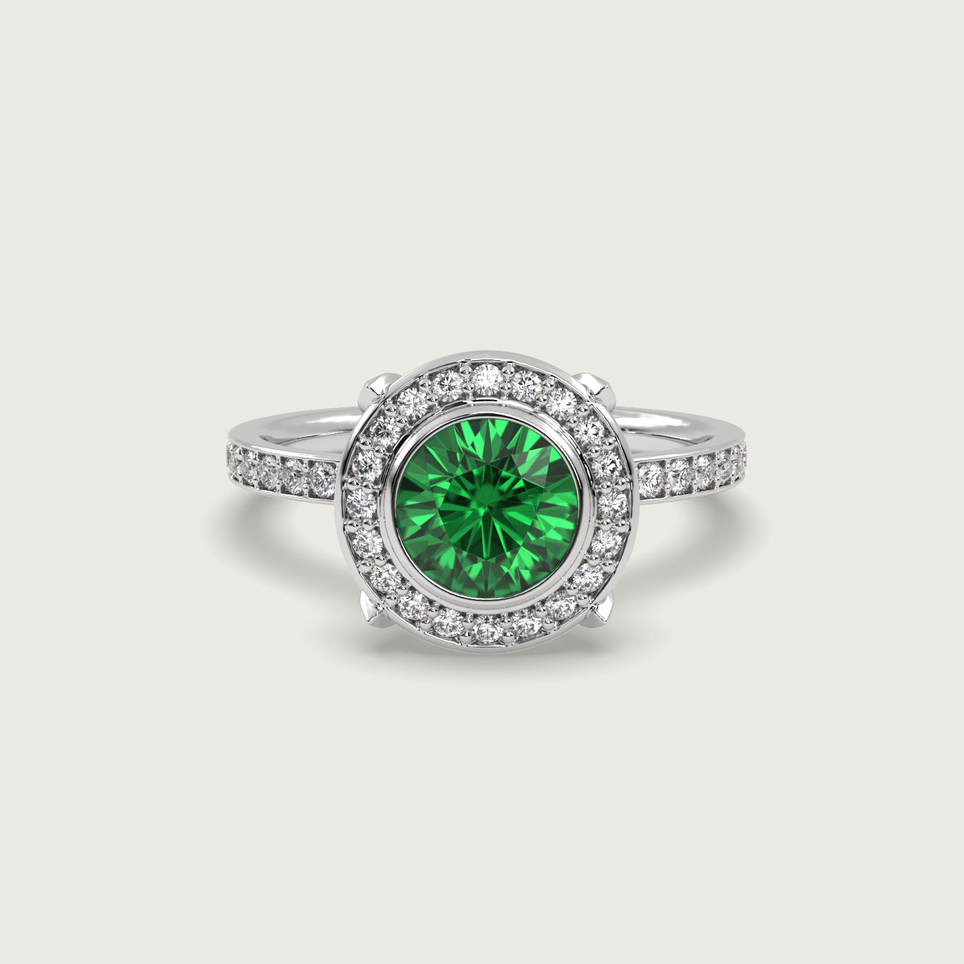 Emerald Halo Engagement Ring with Pavé Set Band in Fleur de Luce Setting