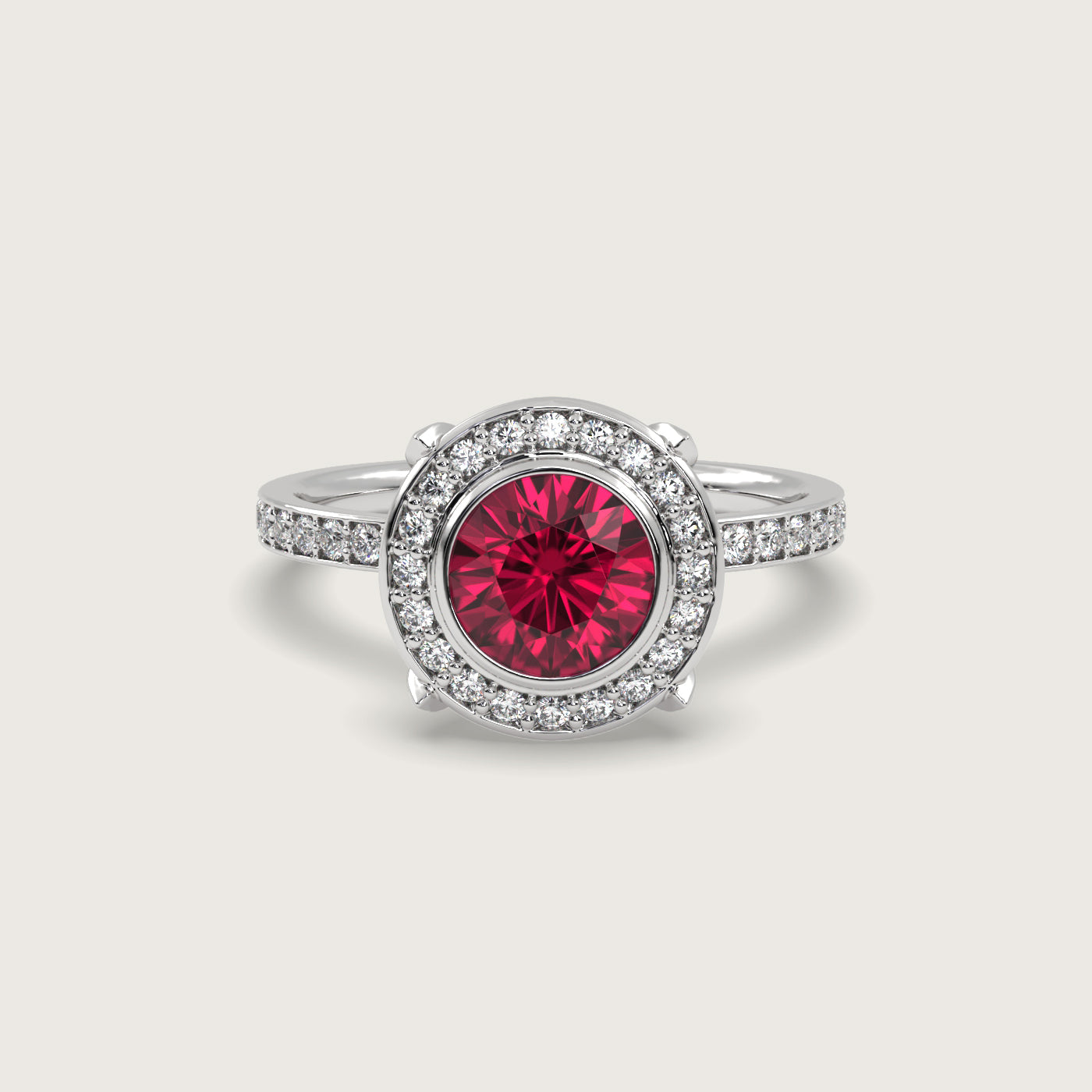Ruby Halo Engagement Ring with Pavé Set Band in Fleur de Luce Setting