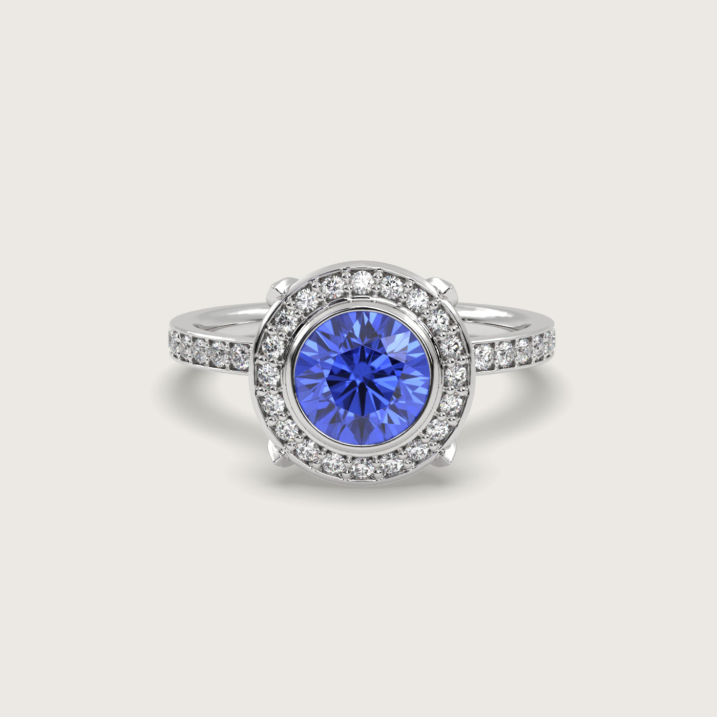 Sapphire Halo Engagement Ring with Pavé Set Band in Fleur de Luce Setting