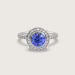 Sapphire Halo Engagement Ring with Pavé Set Band in Fleur de Luce Setting