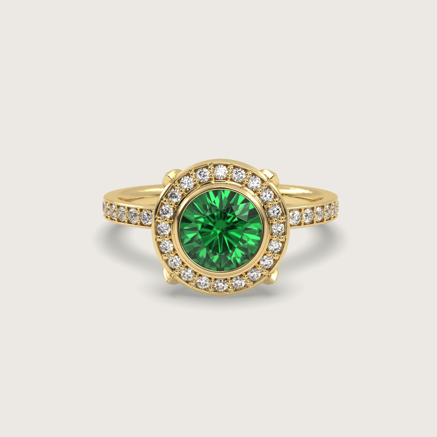 Emerald Halo Engagement Ring with Pavé Set Band in Fleur de Luce Setting