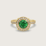 Emerald Halo Engagement Ring with Pavé Set Band in Fleur de Luce Setting