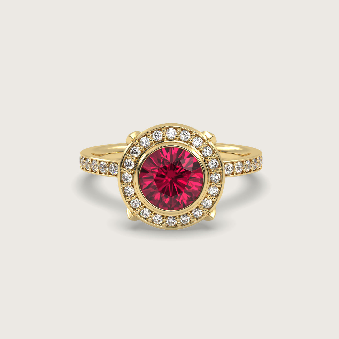 Ruby Halo Engagement Ring with Pavé Set Band in Fleur de Luce Setting