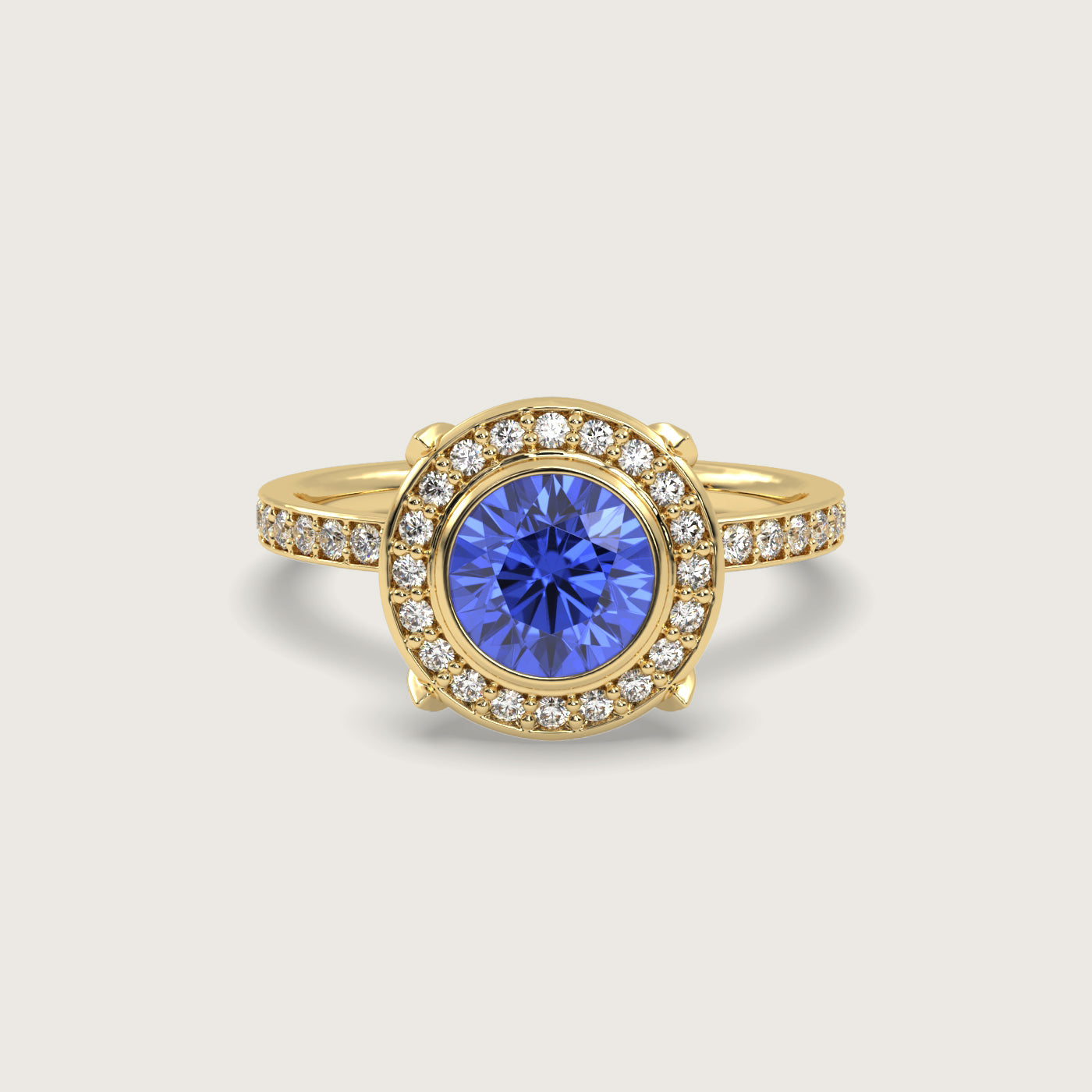 Sapphire Halo Engagement Ring with Pavé Set Band in Fleur de Luce Setting