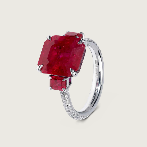 Crimson Flame Ruby Three Stone Ring in Platinum