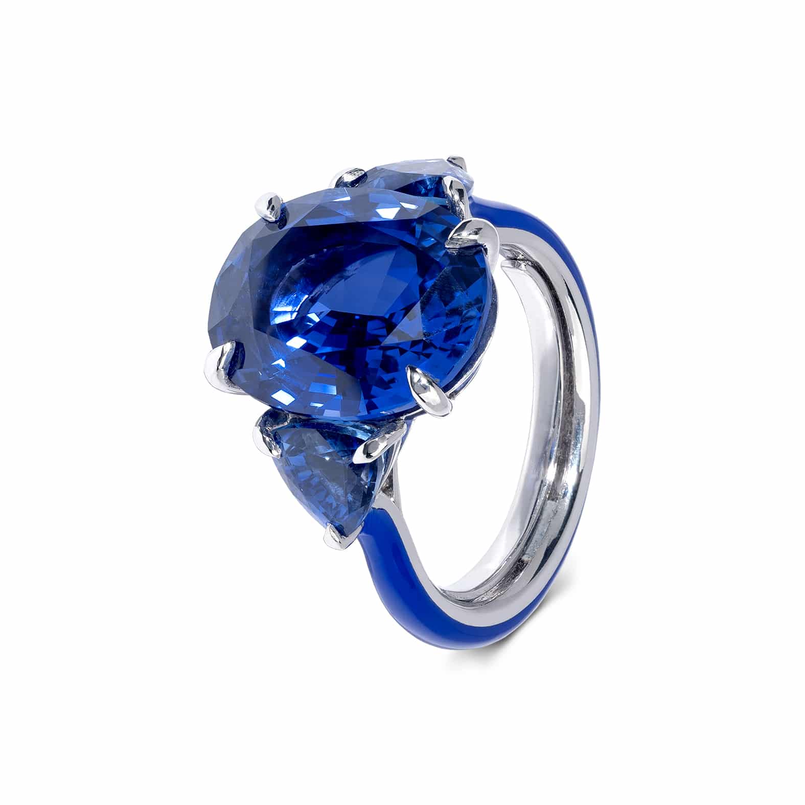 Engagement Ring: Three Stone Sapphire Ring in Platinum with Ceramic Detail