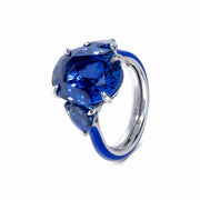 Engagement Ring: Three Stone Sapphire Ring in Platinum with Ceramic Detail
