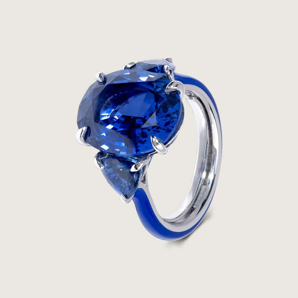 Out of the Blue, Sapphire Three Stone Ring in Platinum and Blue Ceramic