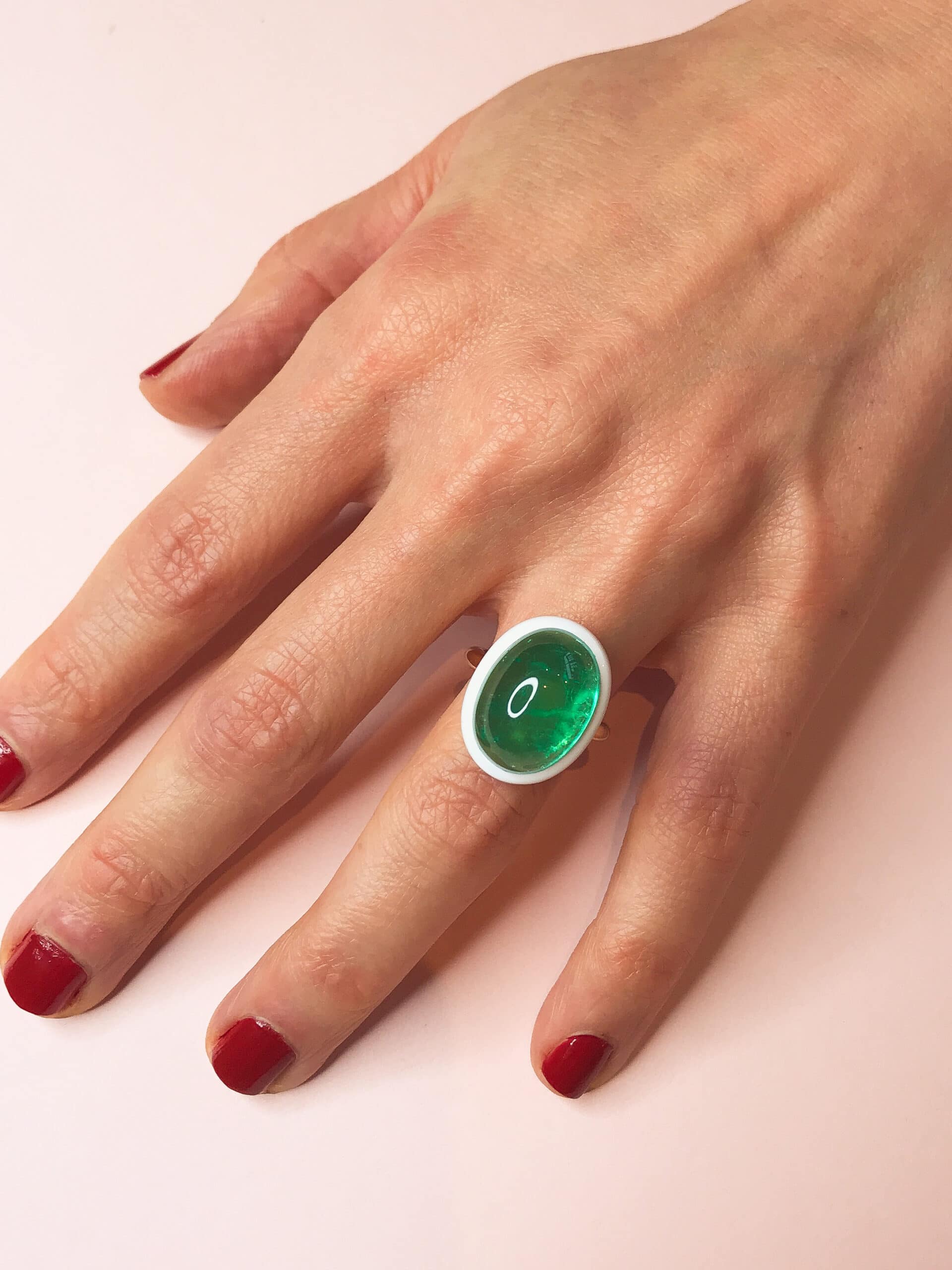 Cocktail Ring: Cabochon Emerald and Ceramic Ring in 18k Yellow Gold