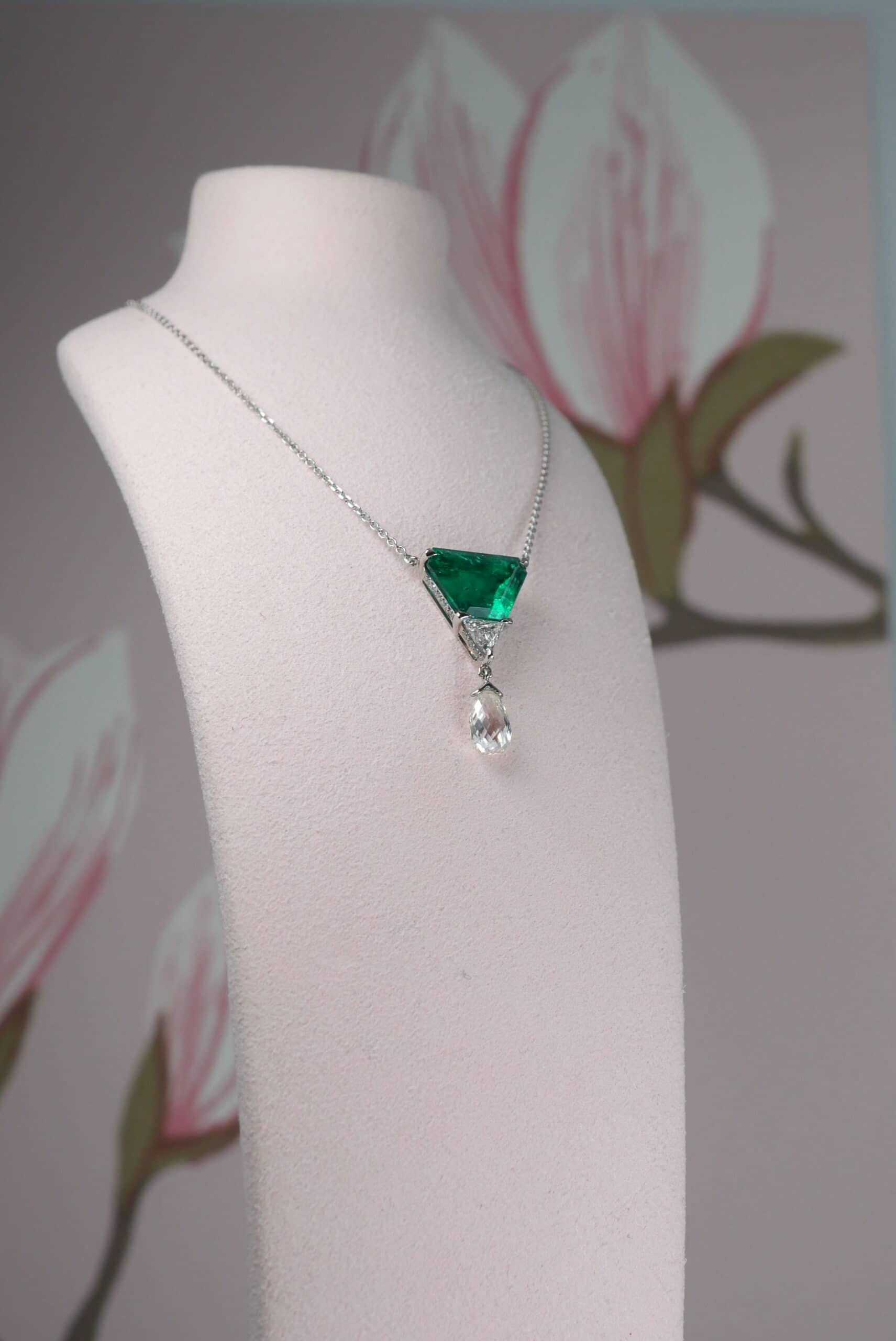 Emerald Necklace: 3 Carat Emerald and Diamond Necklace in Platinum