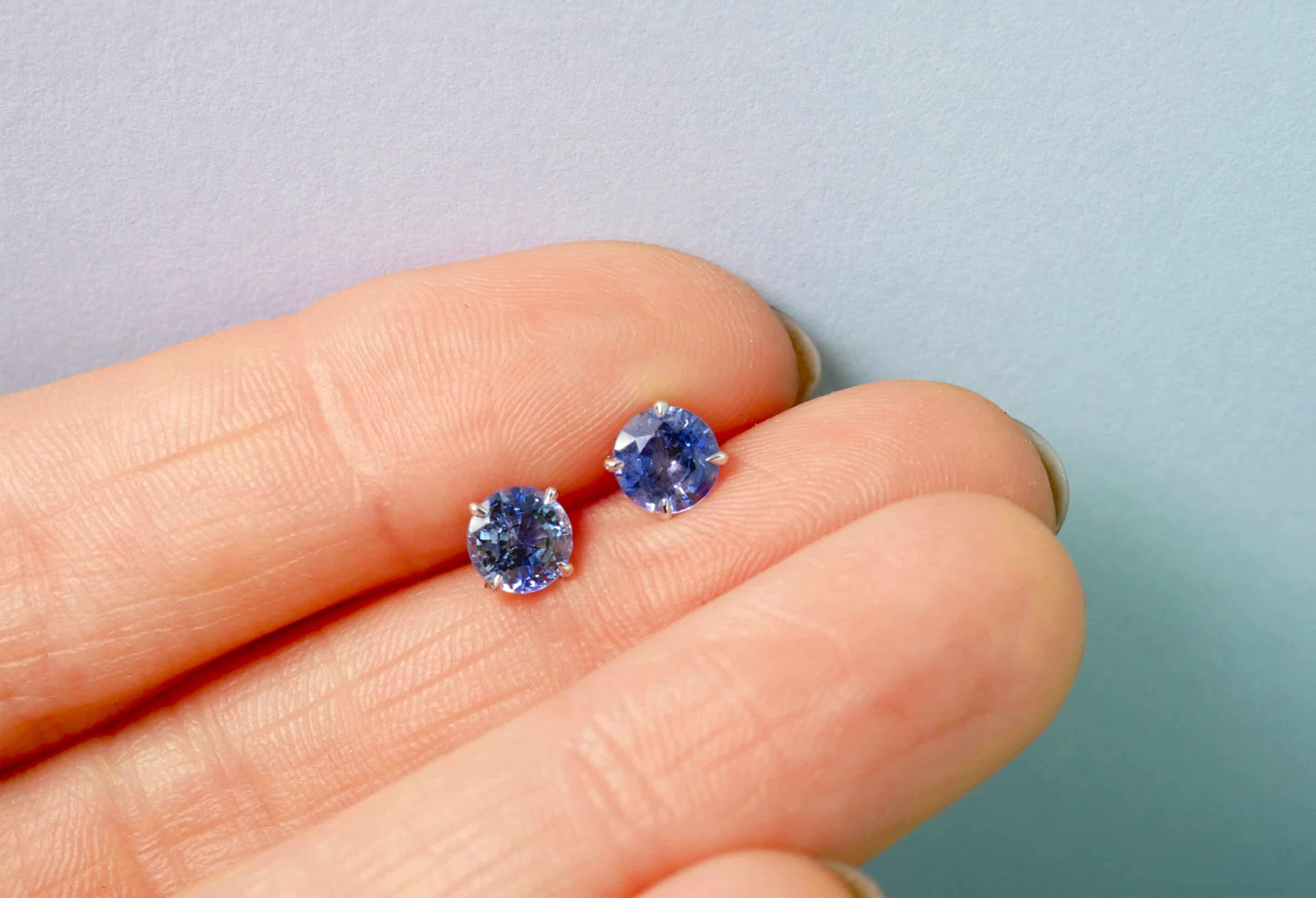 Stud Earrings: Round Sapphire Solitaire Earrings in 18k White Gold