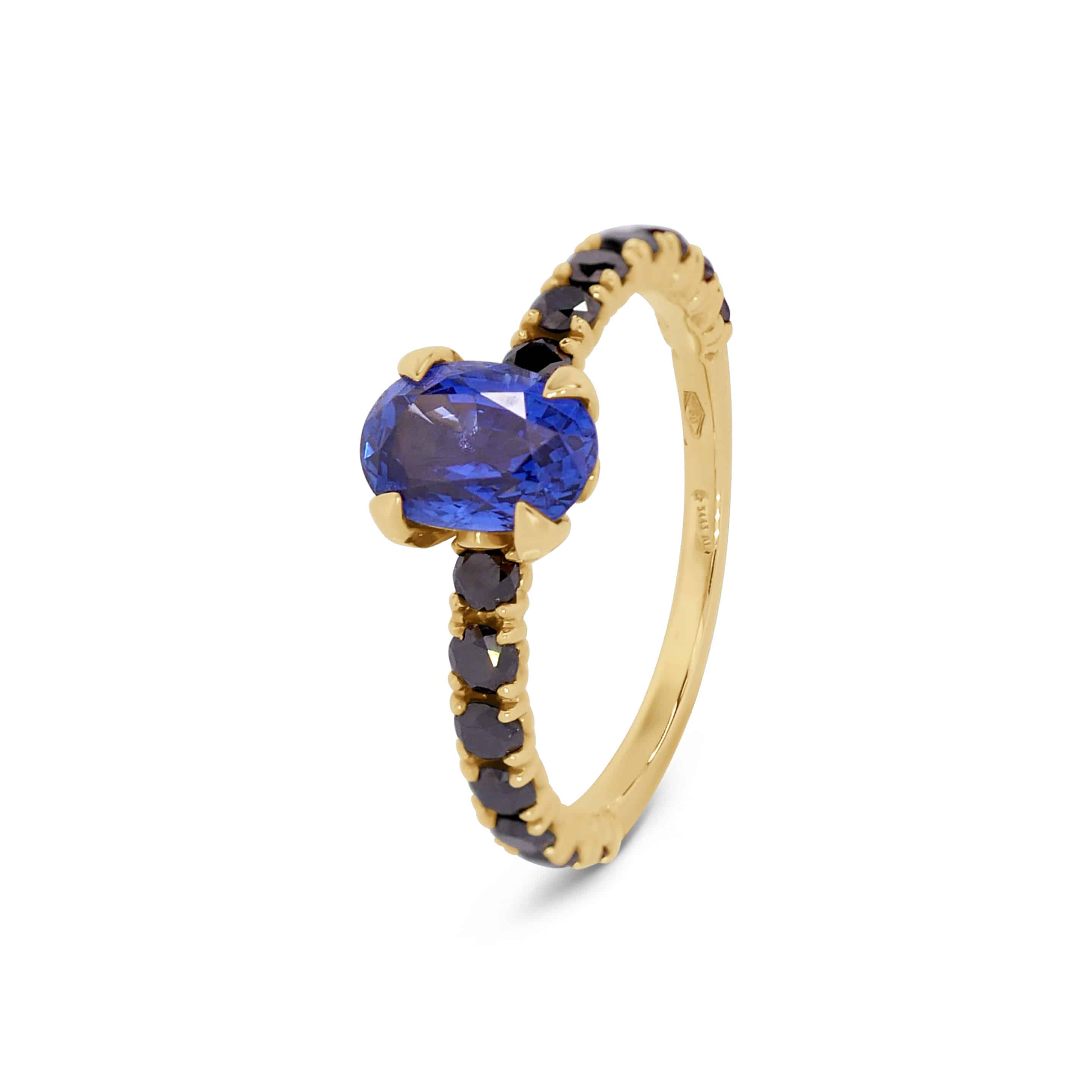 Engagement Ring: Sapphire and Black Diamond Ring in 18k Yellow Gold
