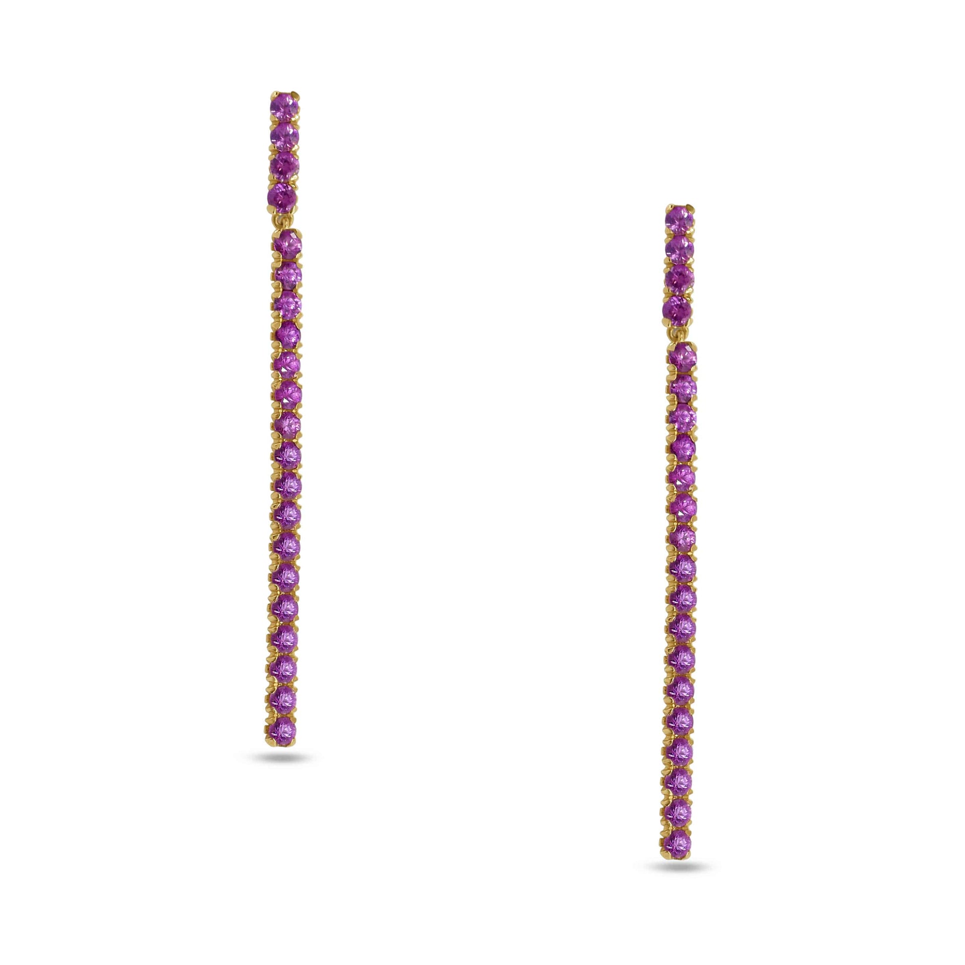 Drop Earrings: Fuchsia Pink Sapphire Long Bar Earrings in 18k Yellow Gold