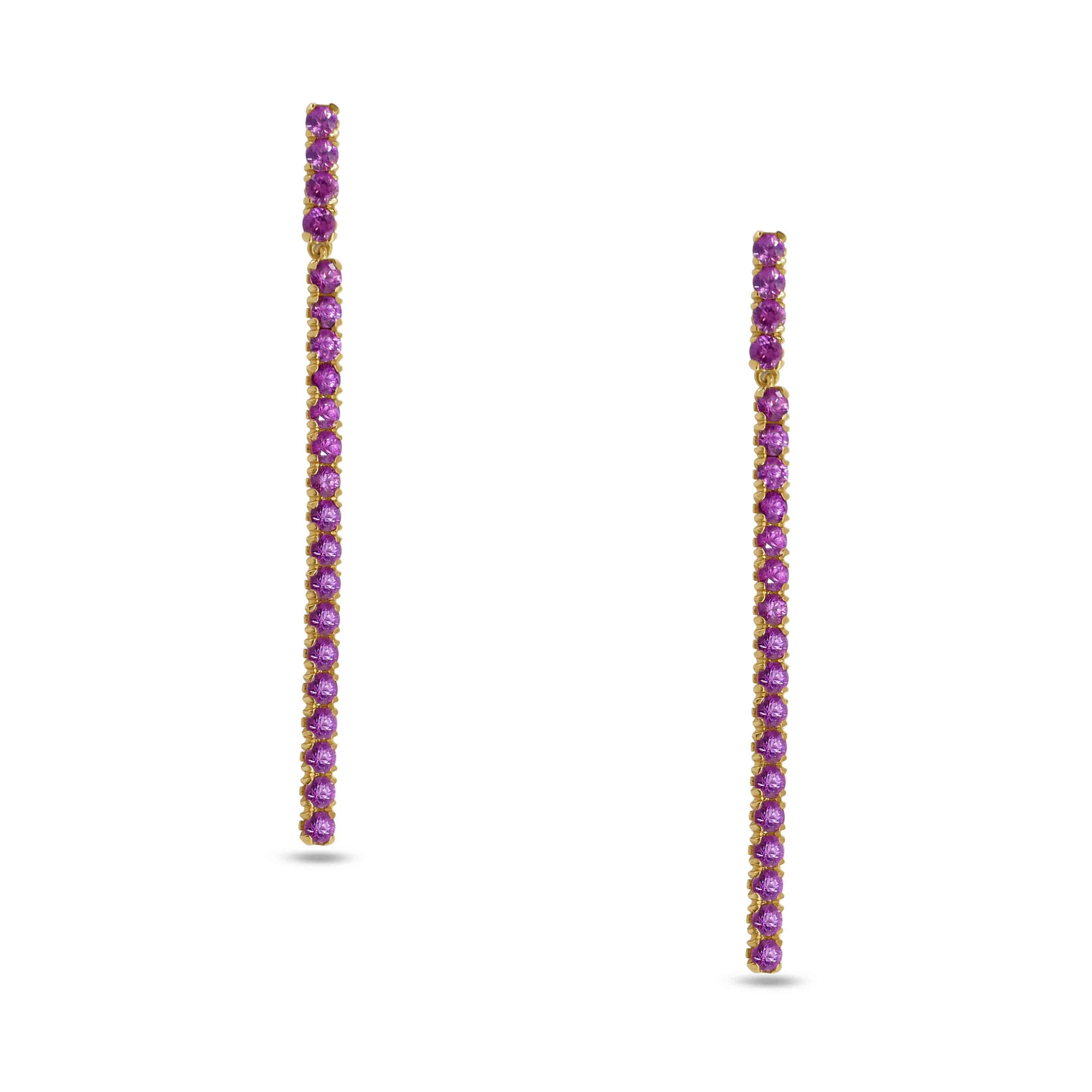 Drop Earrings: Fuchsia Pink Sapphire Long Bar Earrings in 18k Yellow Gold