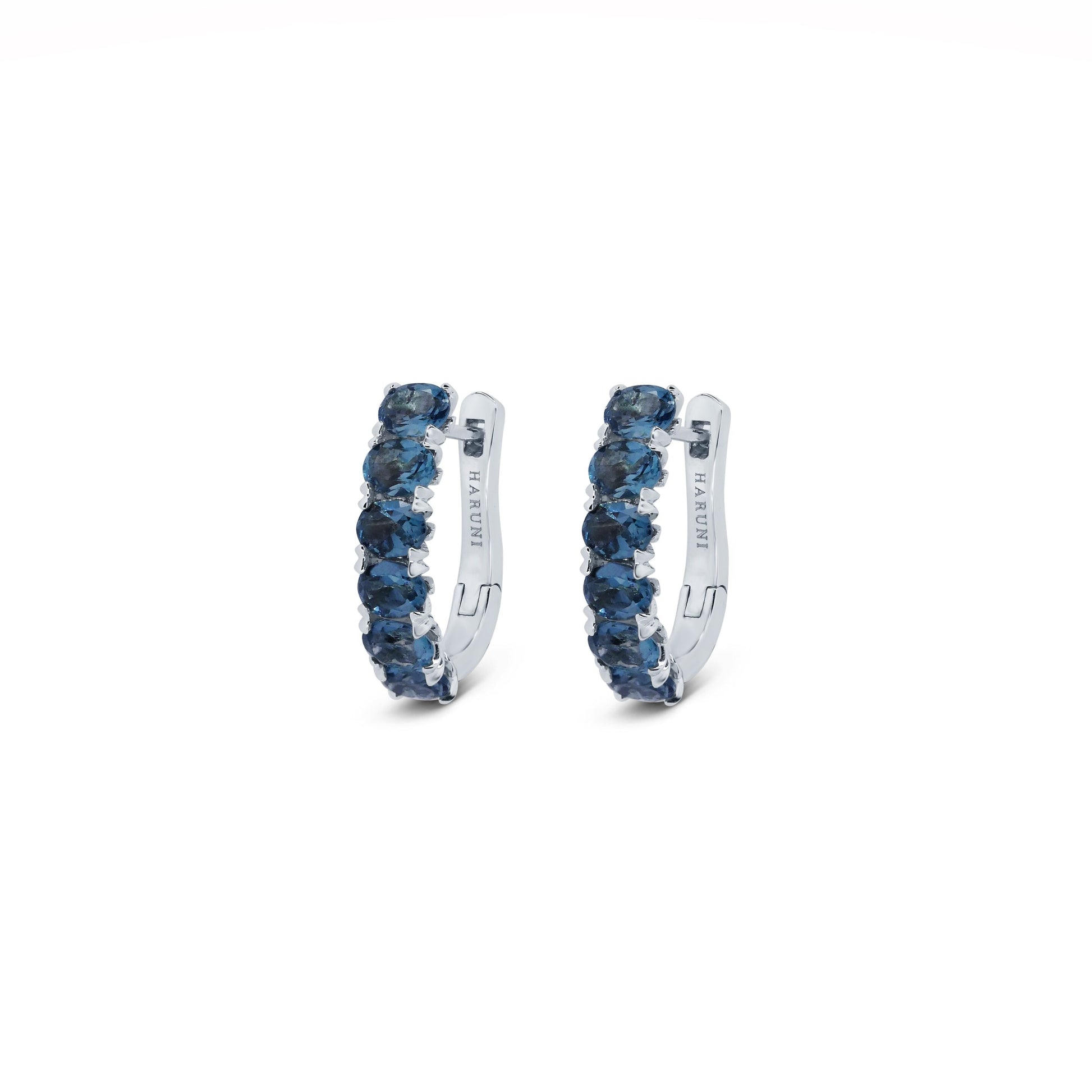 Gold Hoop Earrings: Blue Topaz Huggie Hoops in 18k White Gold
