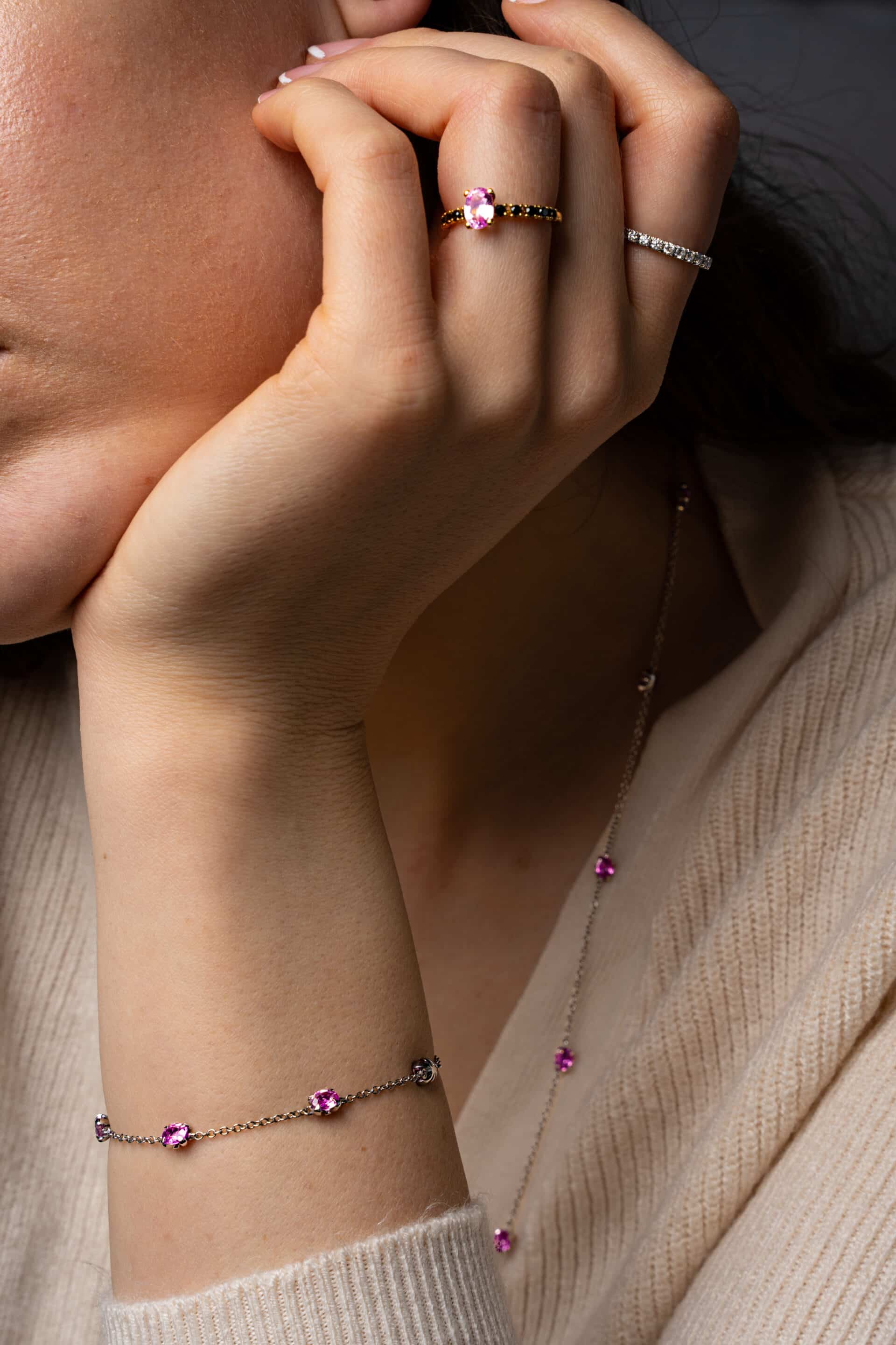 Gold Necklace: Pink Sapphire Station Necklace in 18k White Gold