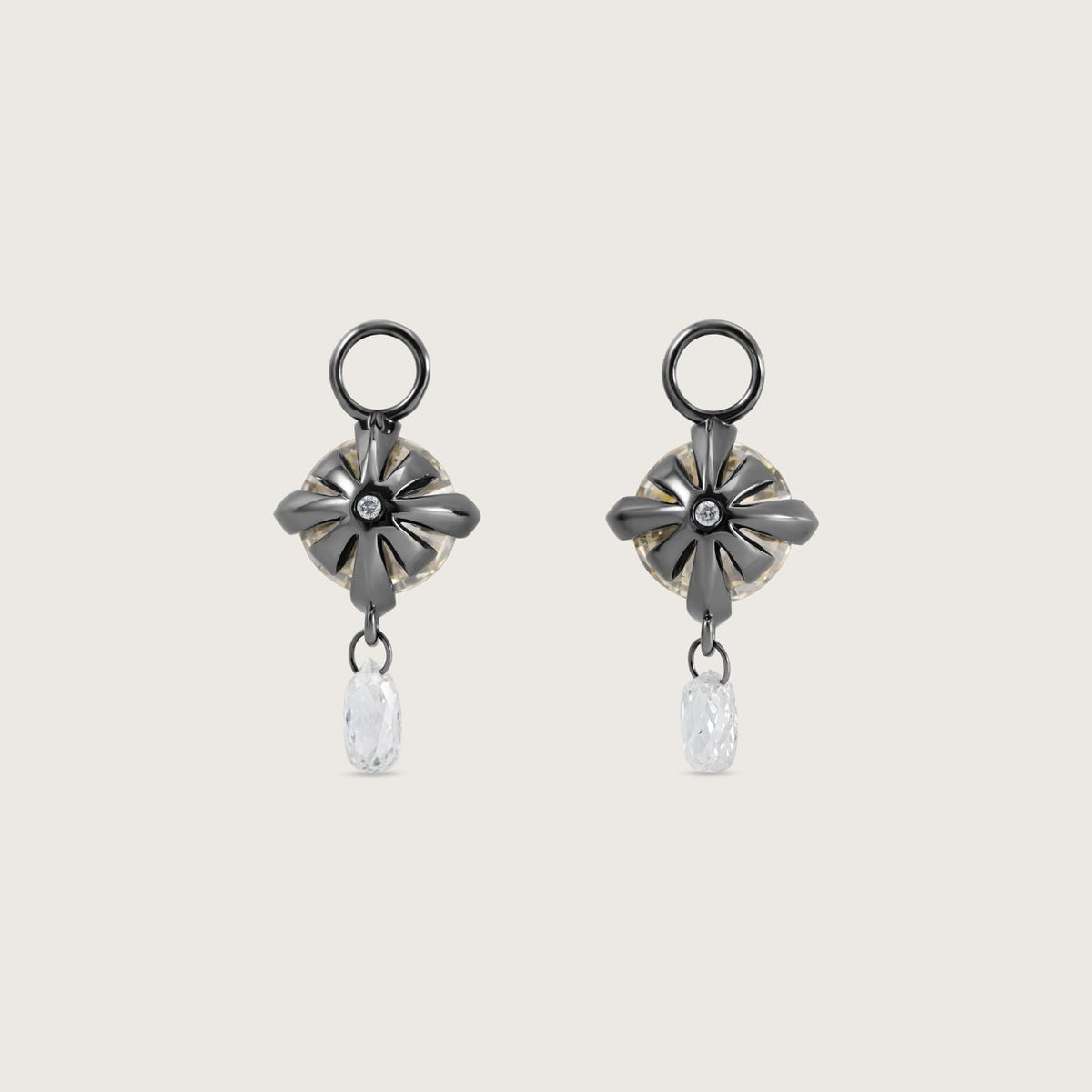 Fleur de Luce White Diamond Earring Drops in Blackened 18k White Gold