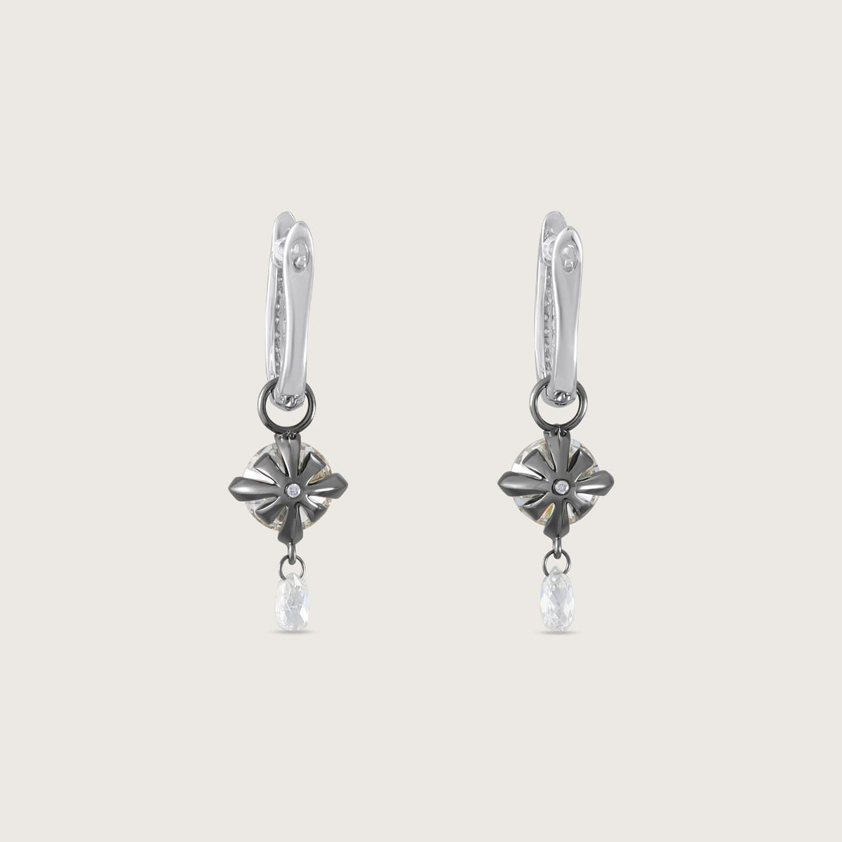 Fleur de Luce White Diamond Earring Drops in Blackened 18k White Gold