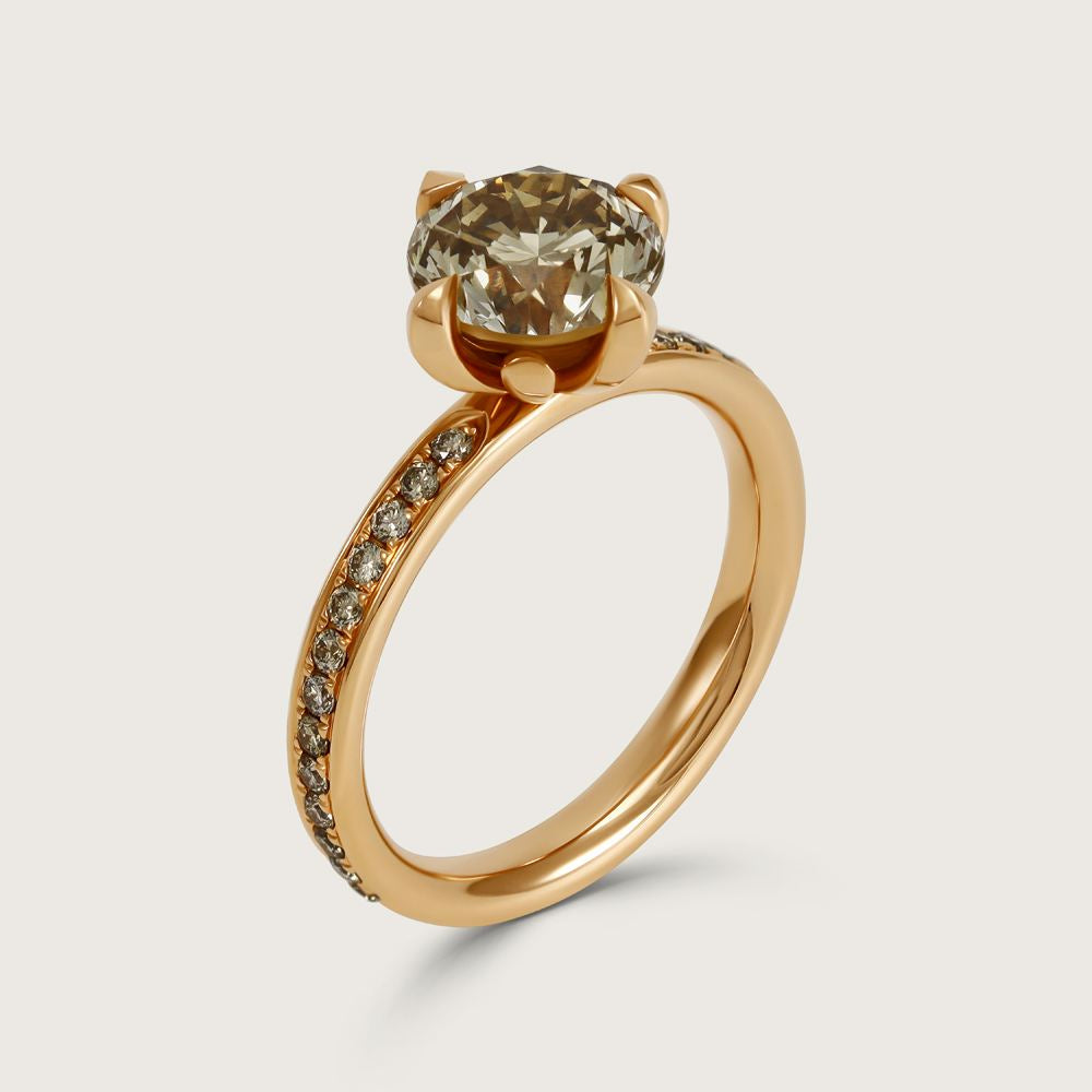 Fleur de Luce Round Brown Diamond Solitaire Ring with Pavé Band in 18k Rose Gold