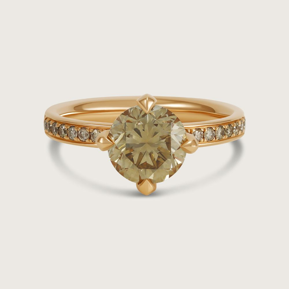 Fleur de Luce Round Brown Diamond Solitaire Ring with Pavé Band in 18k Rose Gold