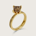 Fleur de Luce Princess Cut Brown Diamond Solitaire Ring with Pavé Band in 18k Yellow Gold