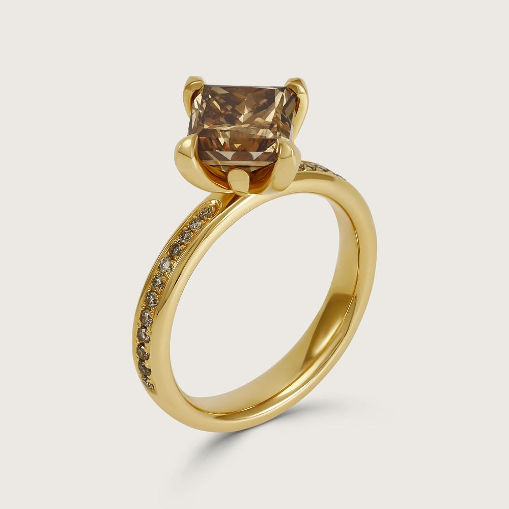 Fleur de Luce Princess Cut Brown Diamond Solitaire Ring with Pavé Band in 18k Yellow Gold